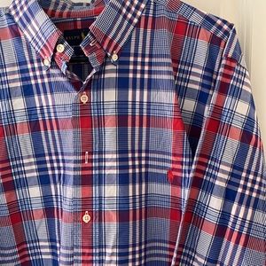 Tall Large Ralph Lauren Plaid Button Down Men’s Long Sleeve. Red, White, Blue.